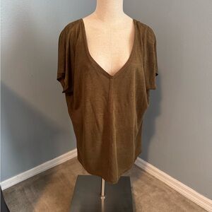 Eileen Fisher Deep Olive V-Neck Short Sleeve Top- 100% Linen